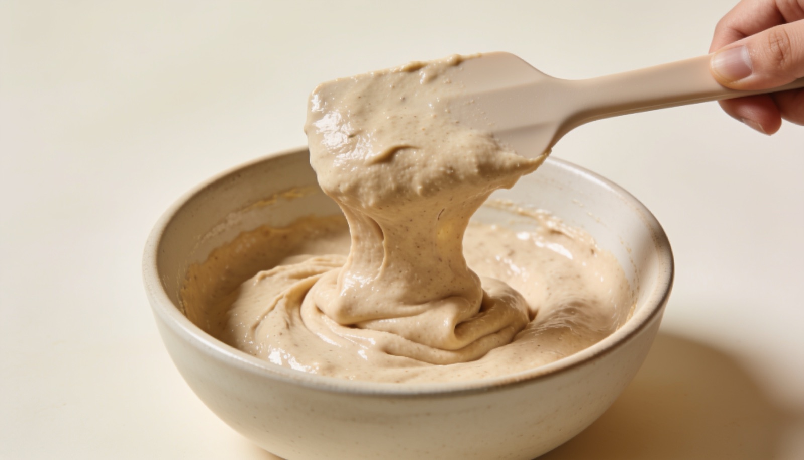 Massa de pão sem glúten com consistência de batter grosso sendo levantada por uma espátula na tigela