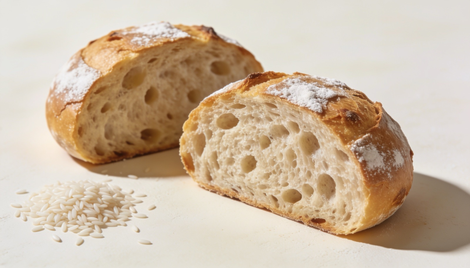 Boule sem glúten cortado ao meio mostrando o miolo úmido com furos pequenos e uniformes