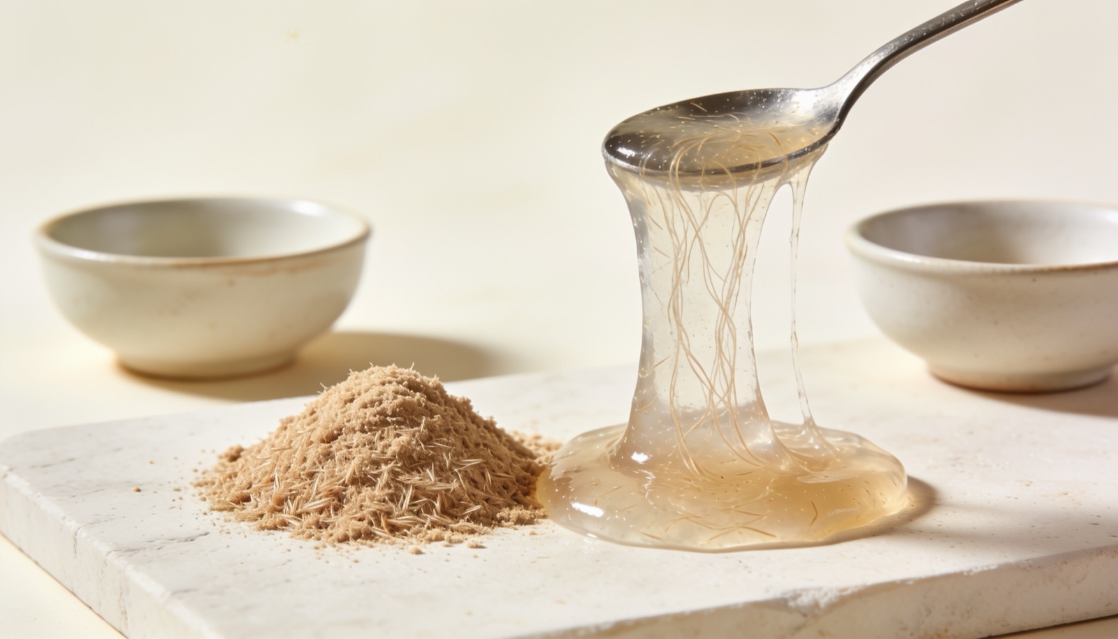 Casca de psyllium em pó ao lado do gel elástico translúcido levantado por uma colher